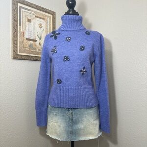 Y2K Vintage Floral Embroidery Wool and Alpaca Blend Purple Turtleneck Sweater